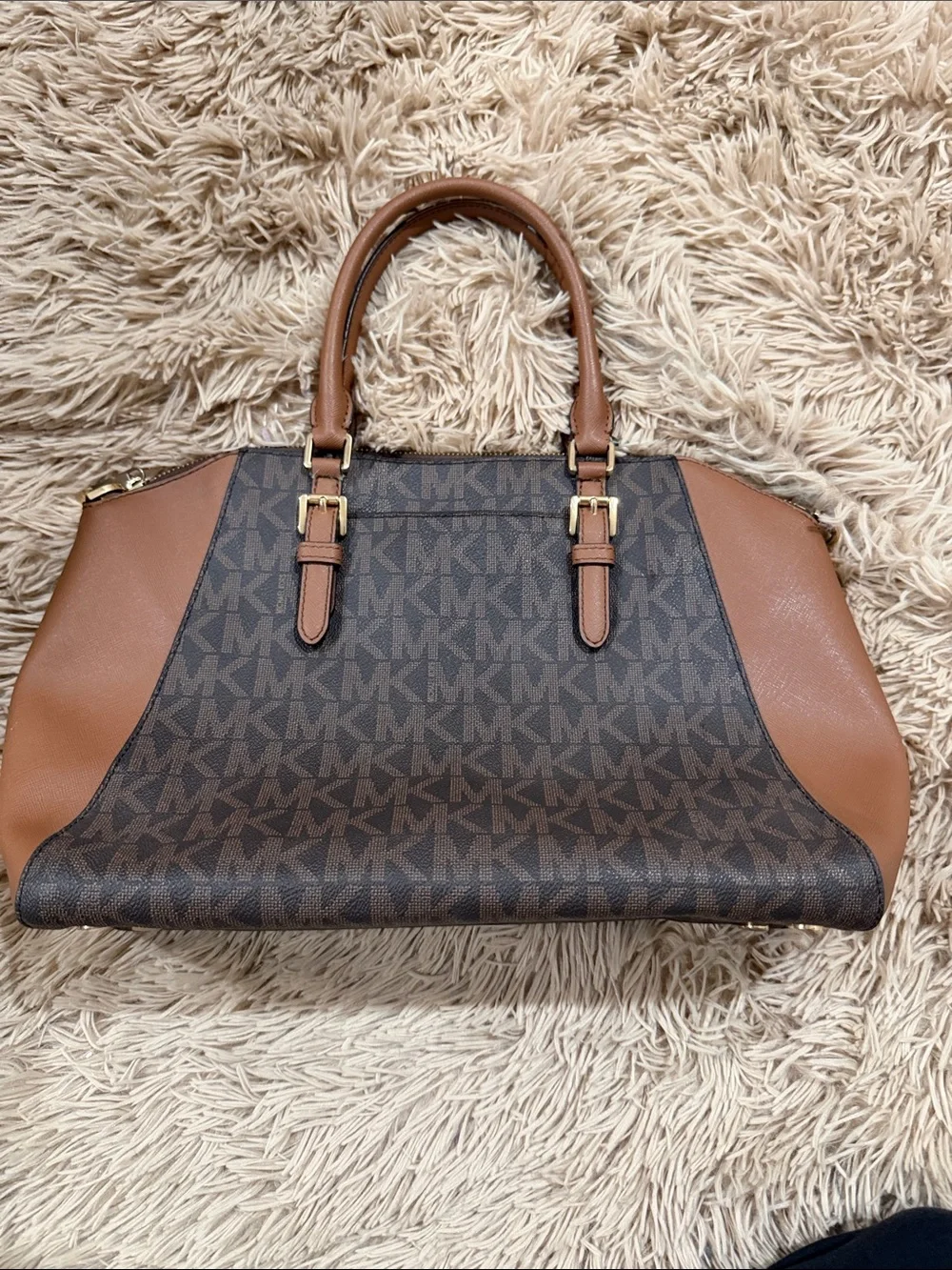 Michael Kors Brown MK Logo Satchel with Tan Trim